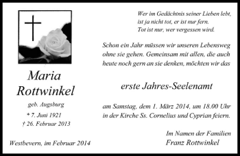Todesanzeige von Maria Rottwinkel von Westfälische Nachrichten