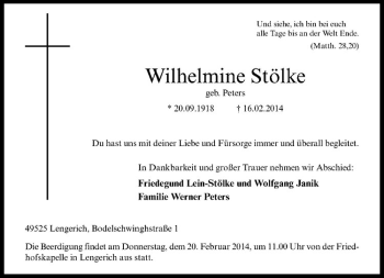 Todesanzeige von Wilhelmine Stölke von Westfälische Nachrichten