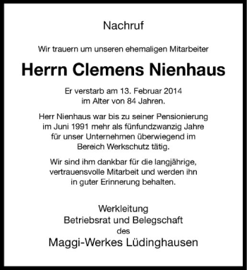 Todesanzeige von Clemens Nienhaus von Westfälische Nachrichten