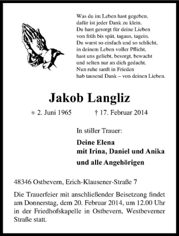 Todesanzeige von Jakob Langliz von Westfälische Nachrichten