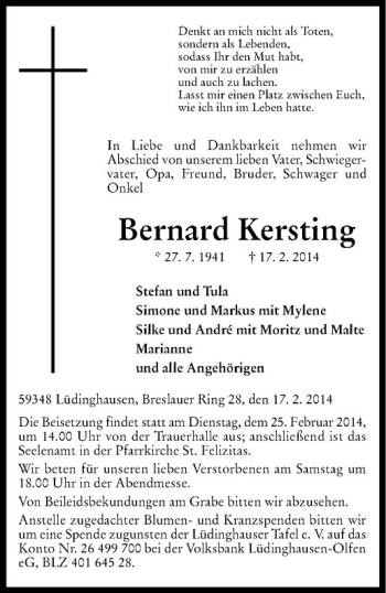 Todesanzeige von Bernard Kersting von Westfälische Nachrichten