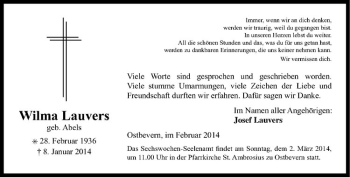 Todesanzeige von Wilma Lauvers von Westfälische Nachrichten