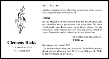 Todesanzeige von Clemens Bicks von Westfälische Nachrichten