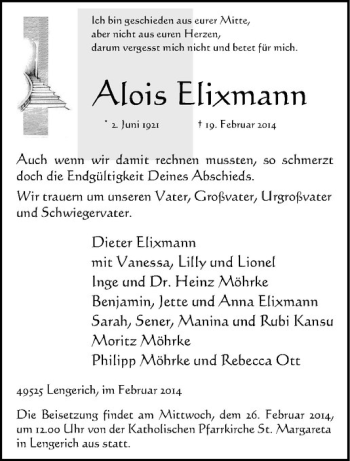 Todesanzeige von Alois Elixmann von Westfälische Nachrichten