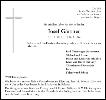 Todesanzeige von Joser Gärtner von Westfälische Nachrichten