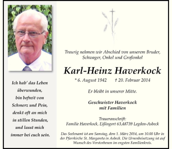 Todesanzeige von Karl-Heinz Haverkock von Westfälische Nachrichten