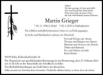Todesanzeige von Martin Grieger von Westfälische Nachrichten