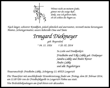 Todesanzeige von Irmgard Diekmeyer von Westfälische Nachrichten