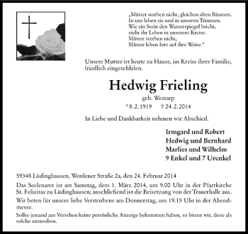 Todesanzeige von Hedwig Frieling von Westfälische Nachrichten