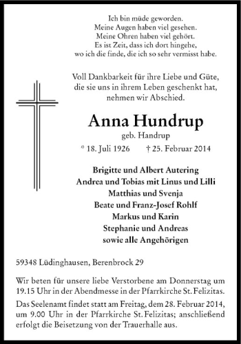 Todesanzeige von Anna Hundrup von Westfälische Nachrichten