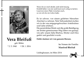 Todesanzeige von Vera Bleifuß von Westfälische Nachrichten