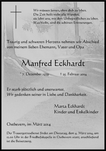 Todesanzeige von Manfred Eckhardt von Westfälische Nachrichten