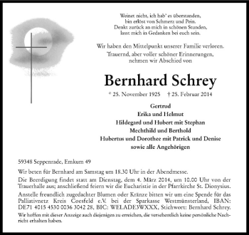 Todesanzeige von Bernhard Schrey von Westfälische Nachrichten