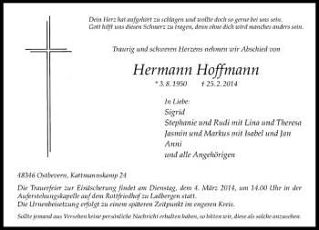 Todesanzeige von Hermann Hoffmann von Westfälische Nachrichten