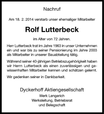 Todesanzeige von Rolf Lutterbeck von Westfälische Nachrichten