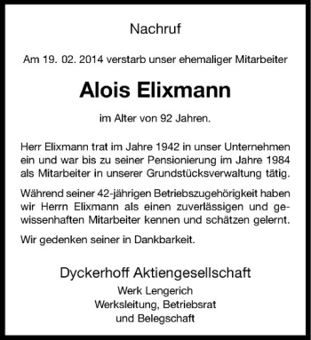 Todesanzeige von Alois Elixmann von Westfälische Nachrichten