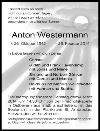 Todesanzeige von Anton Westermann von Westfälische Nachrichten