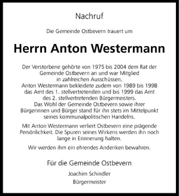 Todesanzeige von Anton Westermann von Westfälische Nachrichten