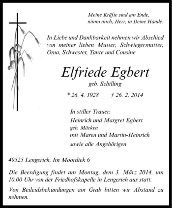 Todesanzeige von Elfriede Egbert von Westfälische Nachrichten