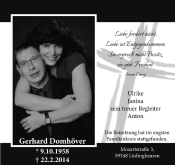 Todesanzeige von Gerhard Domhöver von Westfälische Nachrichten