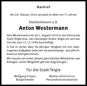 Todesanzeige von Anton Westermann von Westfälische Nachrichten
