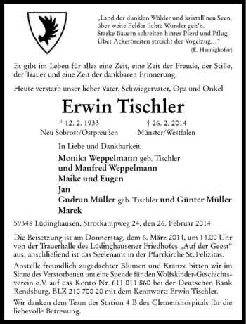 Todesanzeige von Erwin Tischler von Westfälische Nachrichten
