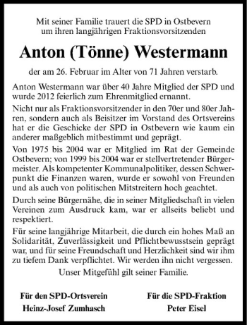 Todesanzeige von Anton Westermann von Westfälische Nachrichten