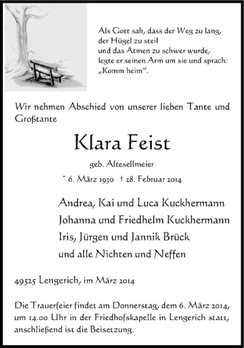 Todesanzeige von Klara Feist von Westfälische Nachrichten