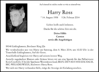 Todesanzeige von Harry Ross von Westfälische Nachrichten