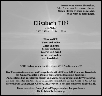 Todesanzeige von Elisabeth Fliß von Westfälische Nachrichten