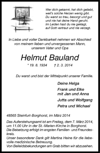 Todesanzeige von Helmut Bauland von Westfälische Nachrichten
