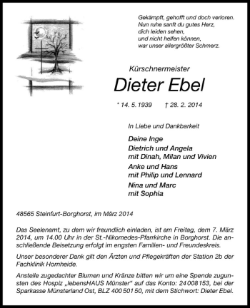 Todesanzeige von Dieter Ebel von Westfälische Nachrichten
