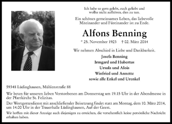 Todesanzeige von Alfons Benning von Westfälische Nachrichten