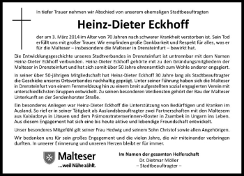 Todesanzeige von Heinz-Dieter Eckhoff von Westfälische Nachrichten