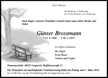 Todesanzeige von Günter Brossmann von Westfälische Nachrichten