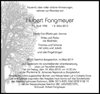 Todesanzeige von Hubert Fangmeyer von Westfälische Nachrichten
