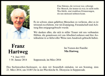 Todesanzeige von Franz Hartweg von Westfälische Nachrichten