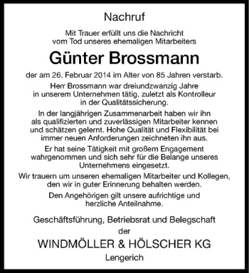 Todesanzeige von Günter Brossmann von Westfälische Nachrichten