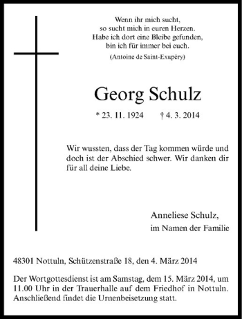Todesanzeige von Georg Schulz von Westfälische Nachrichten