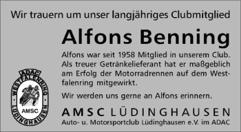 Todesanzeige von Alfons Benning von Westfälische Nachrichten
