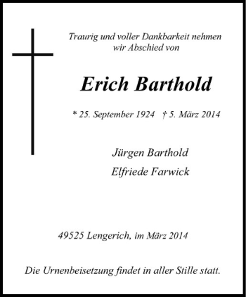 Todesanzeige von Erich Barthold von Westfälische Nachrichten