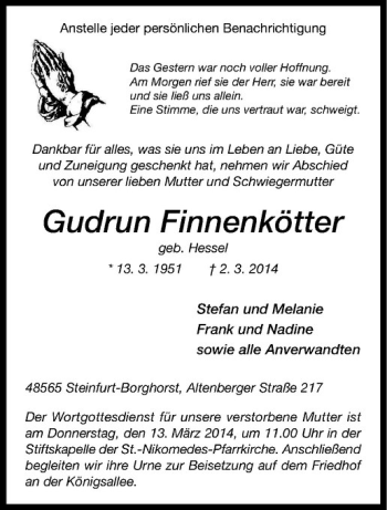 Todesanzeige von Gudrun Finnenkötter von Westfälische Nachrichten