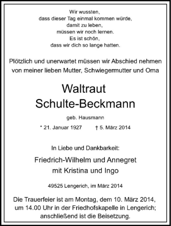 Todesanzeige von Waltraut Schulte-Beckmann von Westfälische Nachrichten