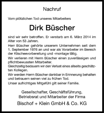 Todesanzeige von Dirk Büscher von Westfälische Nachrichten