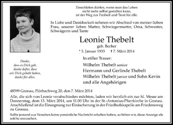 Todesanzeige von Leonie Thebelt von Westfälische Nachrichten