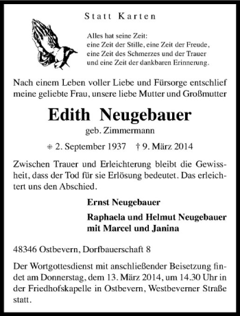 Todesanzeige von Edith Neugebauer von Westfälische Nachrichten