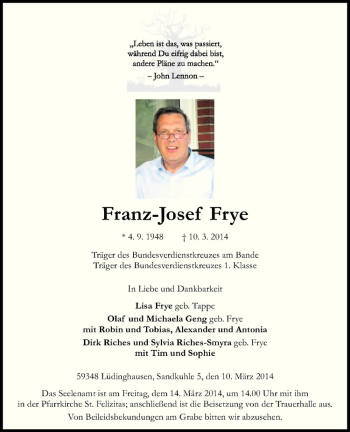 Todesanzeige von Franz-Josef Frye von Westfälische Nachrichten
