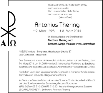 Todesanzeige von Antonius Thering von Westfälische Nachrichten