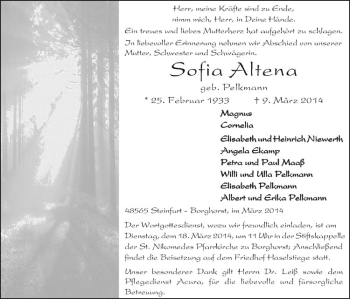 Todesanzeige von Sofia Altena von Westfälische Nachrichten