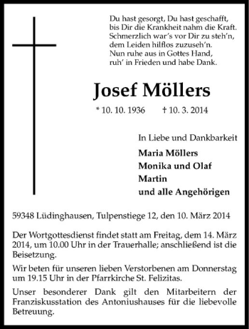Todesanzeige von Josef Möllers von Westfälische Nachrichten
